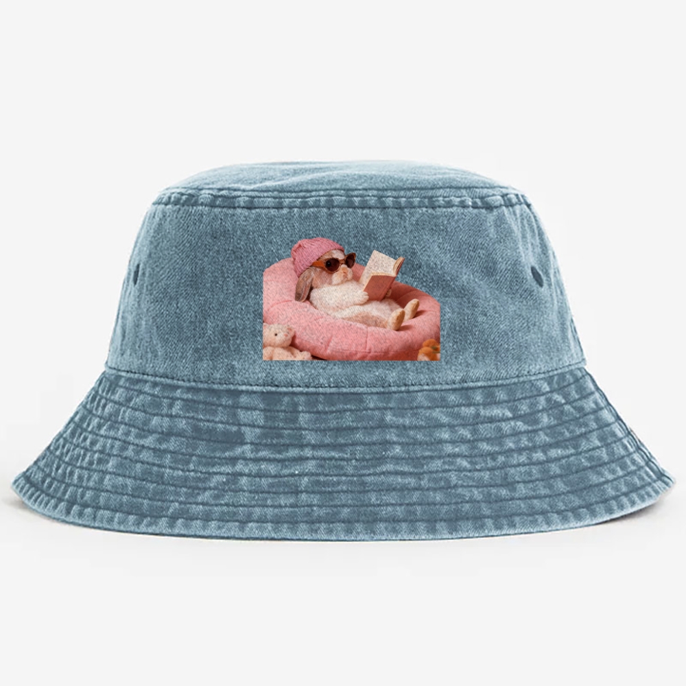 Bunny Bookish Rabbit Retro Vintage Washed Bucket Hat