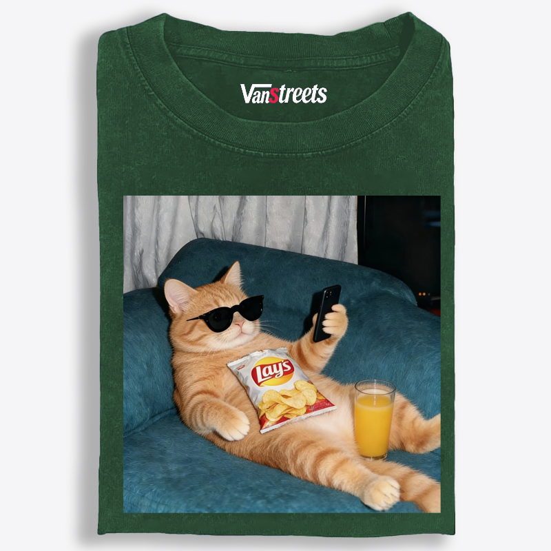 Snack Time Orange Cat Washed T-Shirt | 100% Cotton | Streetwear Essential