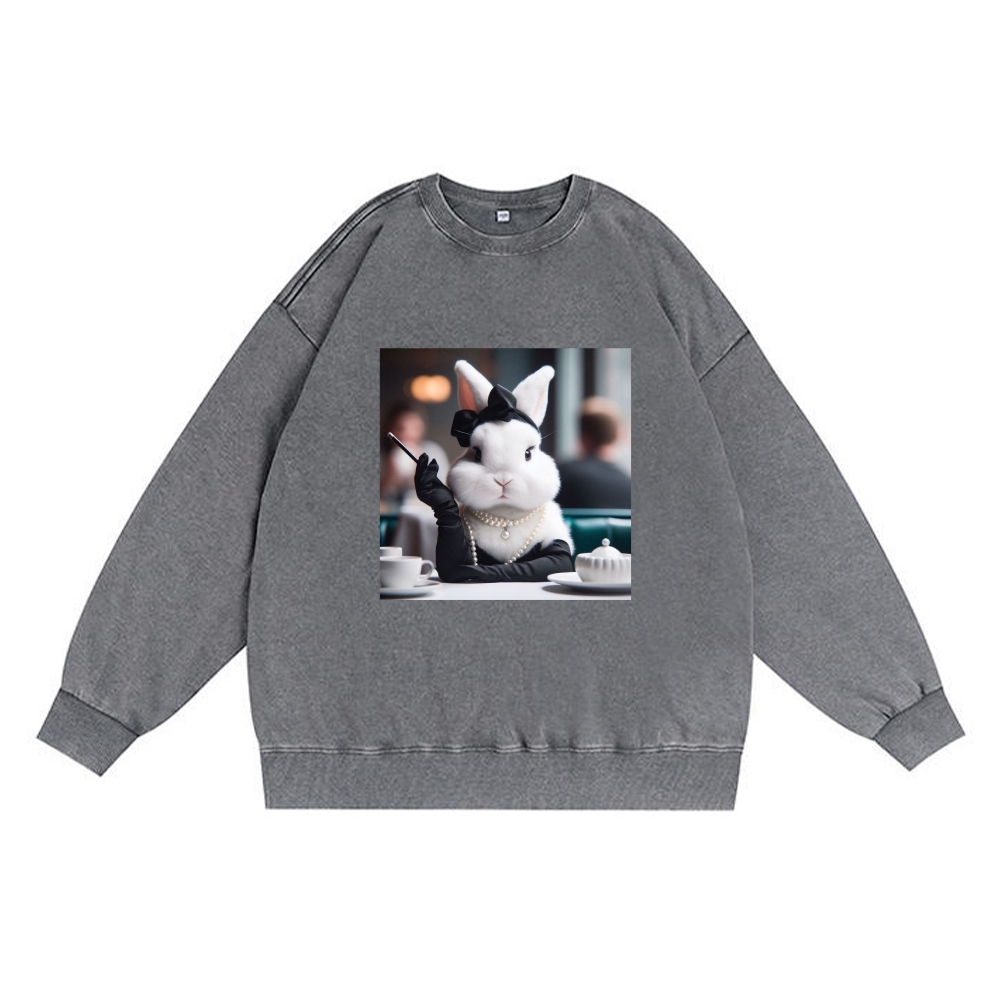 Pearl Bunny · Tea Break Retro Premium Washed Cotton Crewneck Sweatshirt