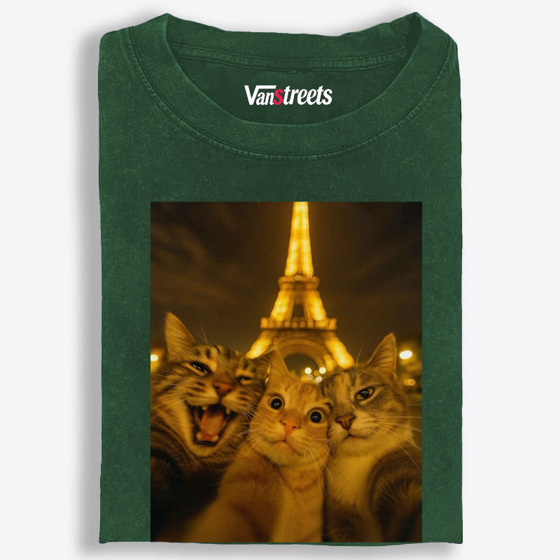 Cats at Eiffel Tower Selfie Cats at Eiffel Tower Selfie Retro Washed T-Shirt | 100% Cotton | Streetwear Essential
