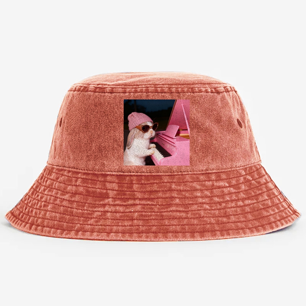 Bunny The Piano Rabbit Retro Vintage Washed Bucket Hat