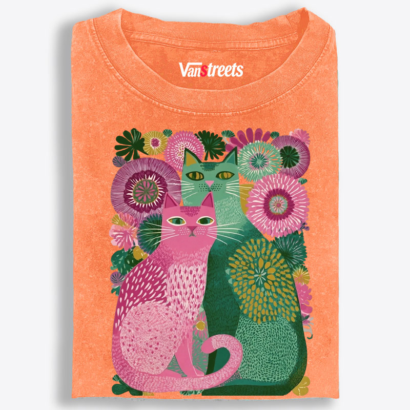 Floral Cats Retro Washed T-Shirt | 100% Cotton | Streetwear Essential