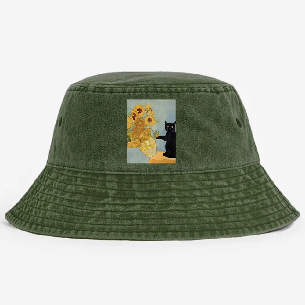 Playful Cat Meets Van Gogh Sunflowers Retro Vintage Washed Bucket Hat