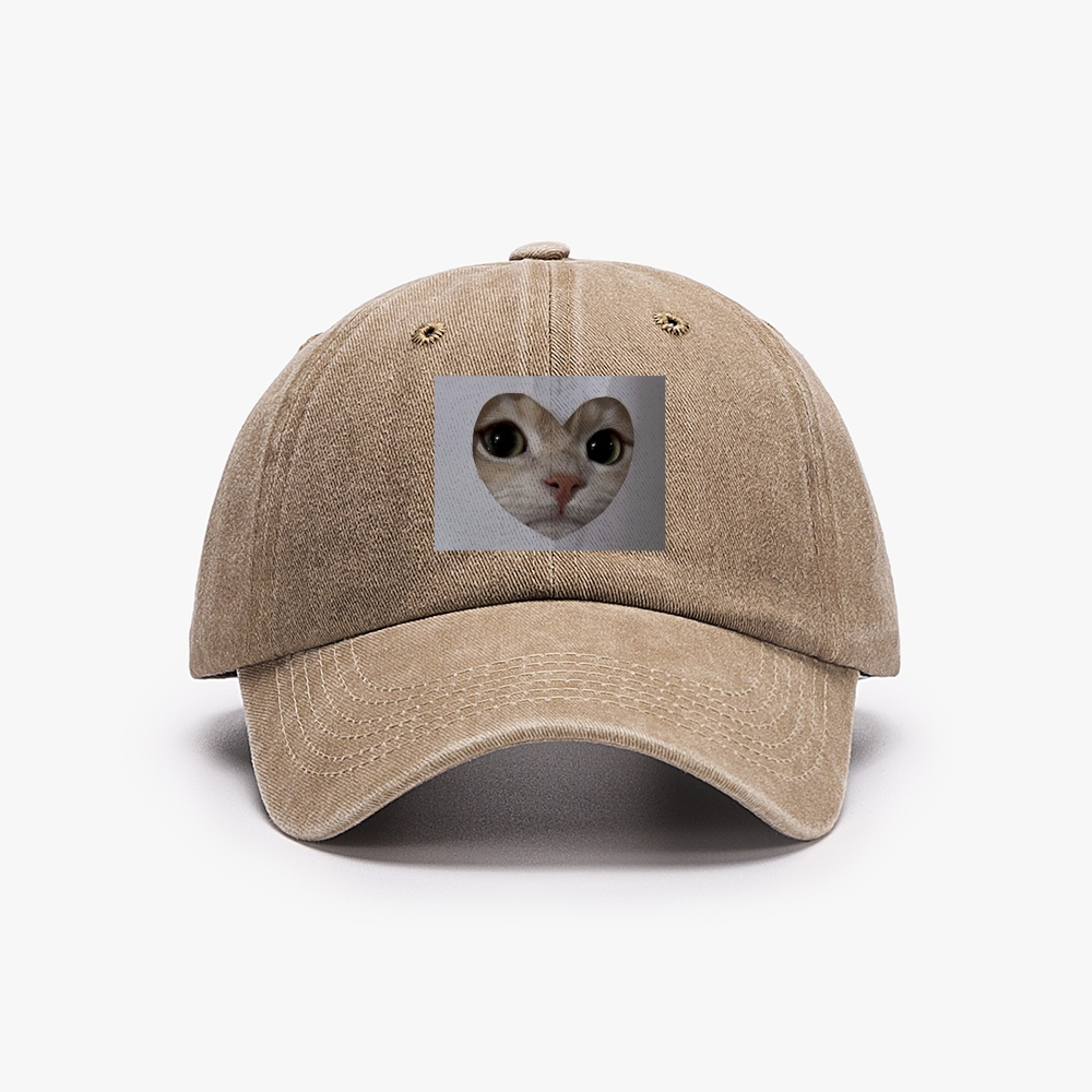 Heart Cutout Cat Face Retro Washed Baseball Cap