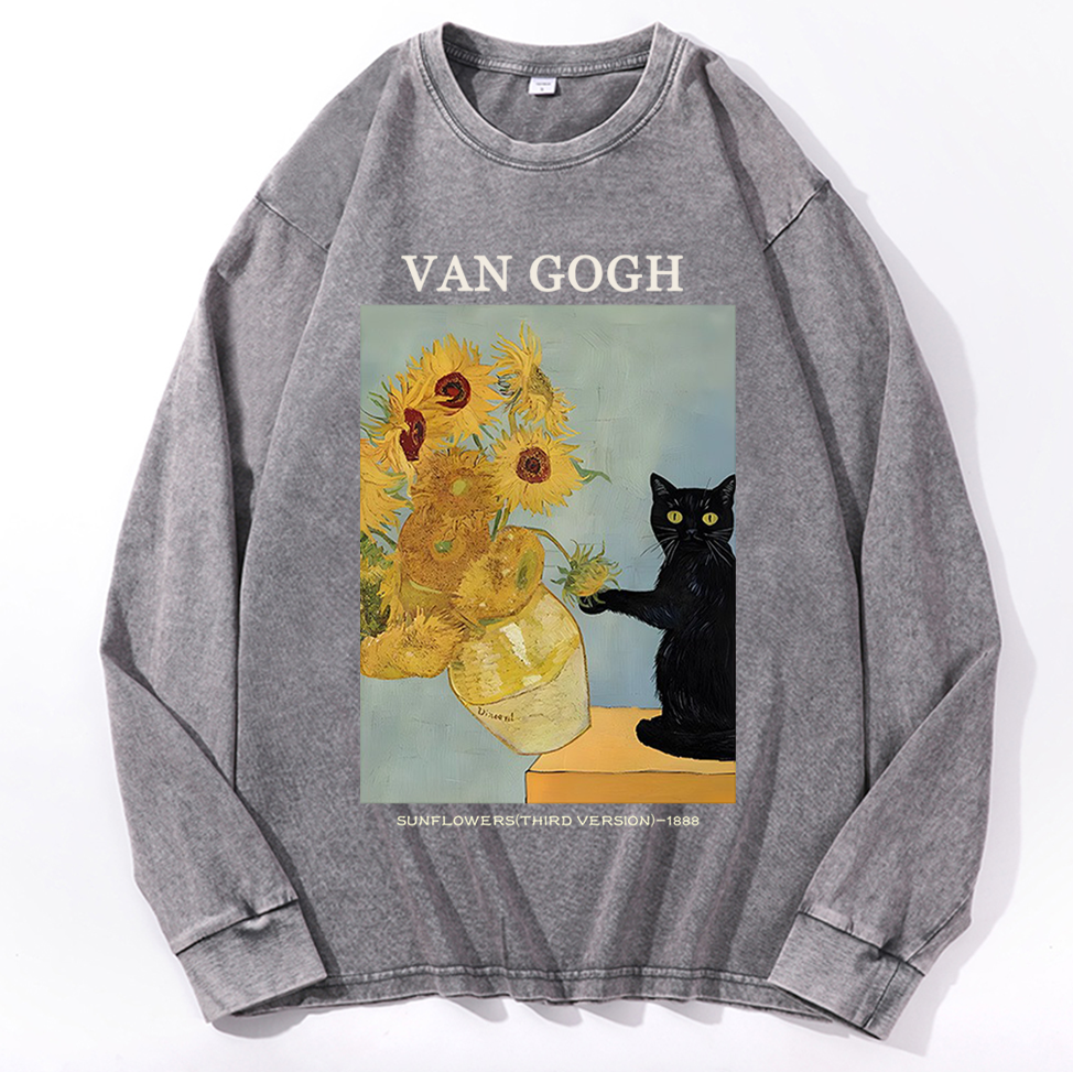 Playful Cat Meets Van Gogh Sunflowers Retro Washed Long Sleeve T-Shirt