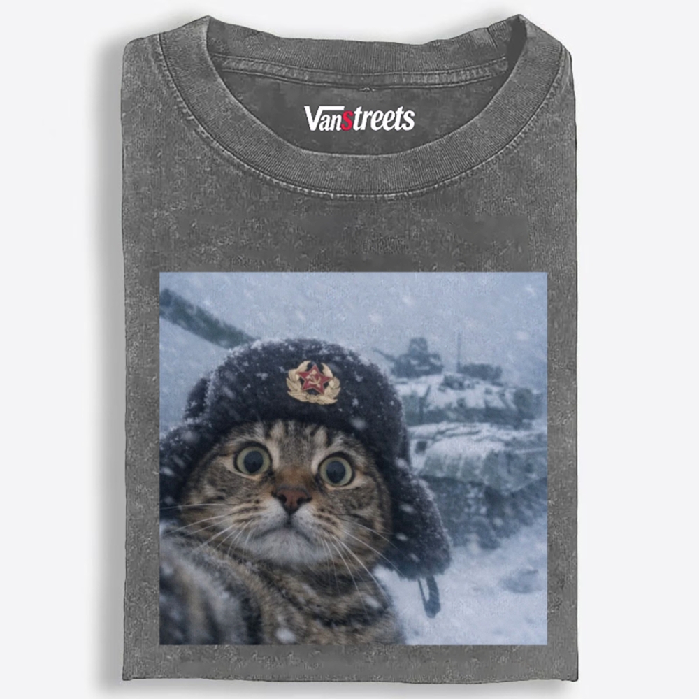 Soviet Cat Soldier Retro Washed T-Shirt | 100% Cotton | Streetwear Essential