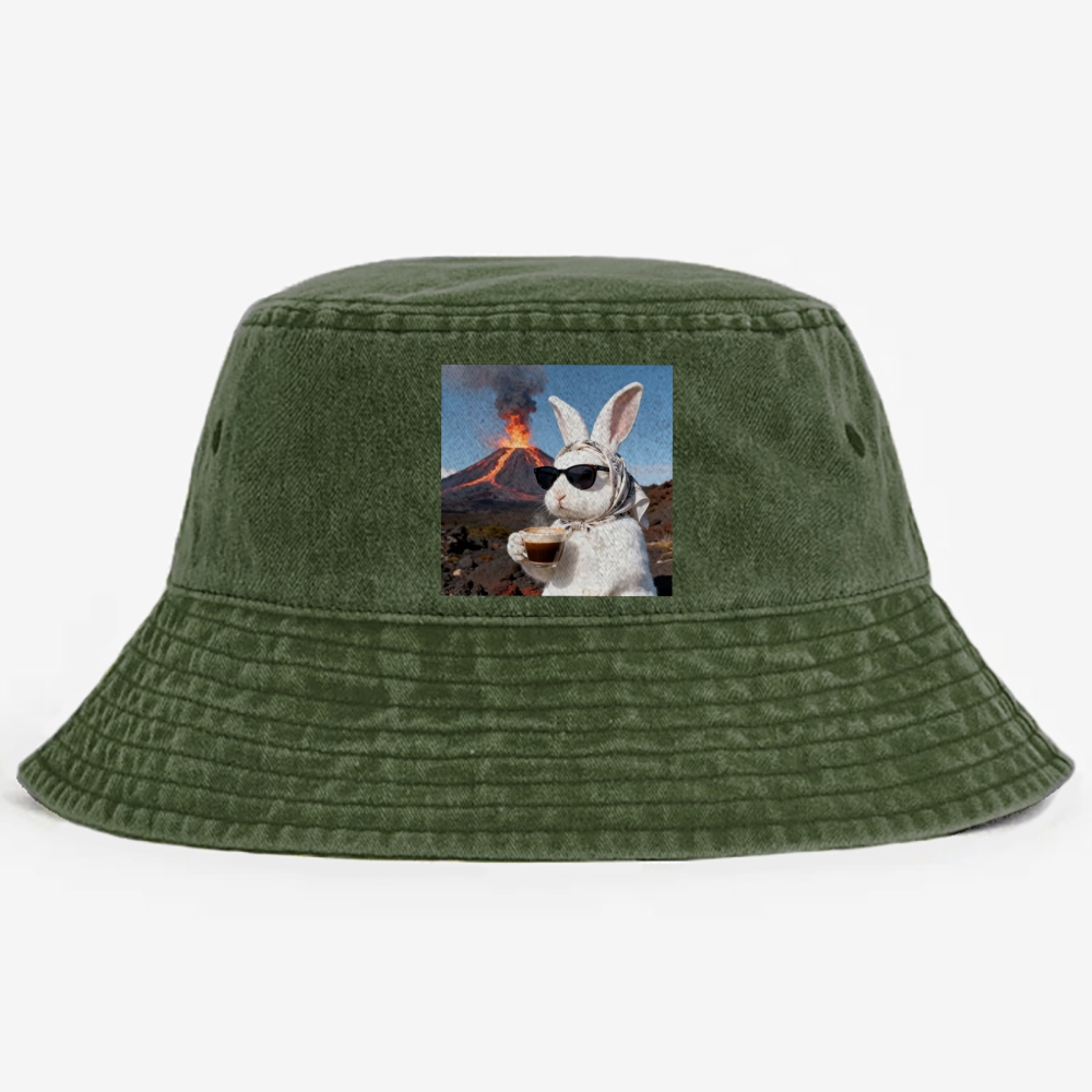 Volcano Coffee Bunny Retro Vintage Washed Bucket Hat
