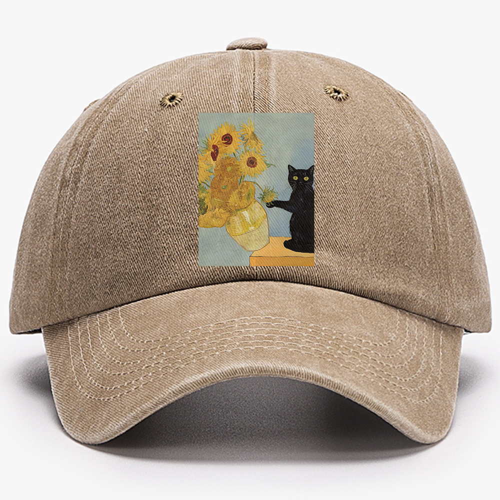 Playful Cat Meets Van Gogh Sunflowers Retro Washed Baseball Cap