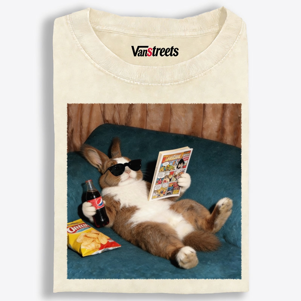 Laid-Back Bunny Comic & Snacks Washed T-Shirt | 100% Cotton | Streetwear Essential