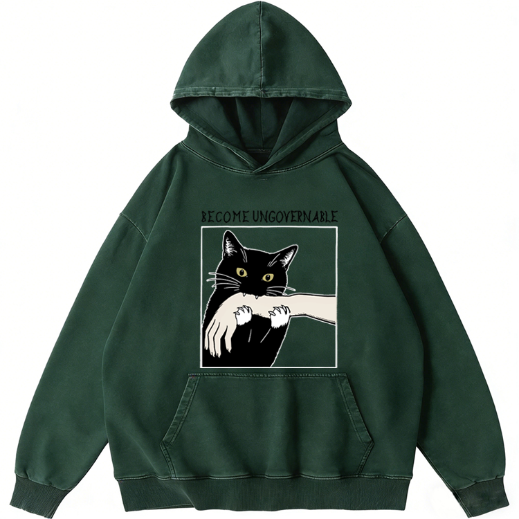 Become Ungovernable Biting Cat Retro Washed Hoodide | 100% Cotton | Streetwear Essential