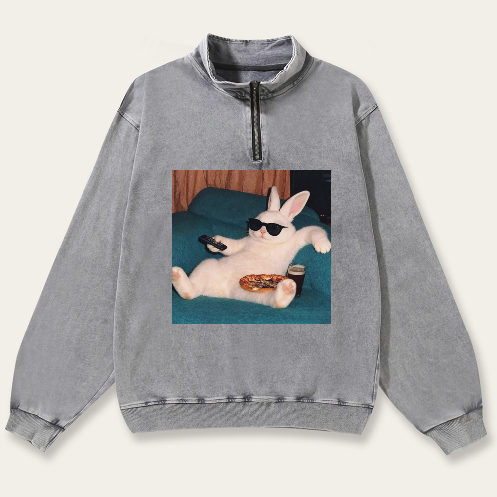Couch Potato Bunny Retro Washed Zip-Up Mock Neck Sweatshirt