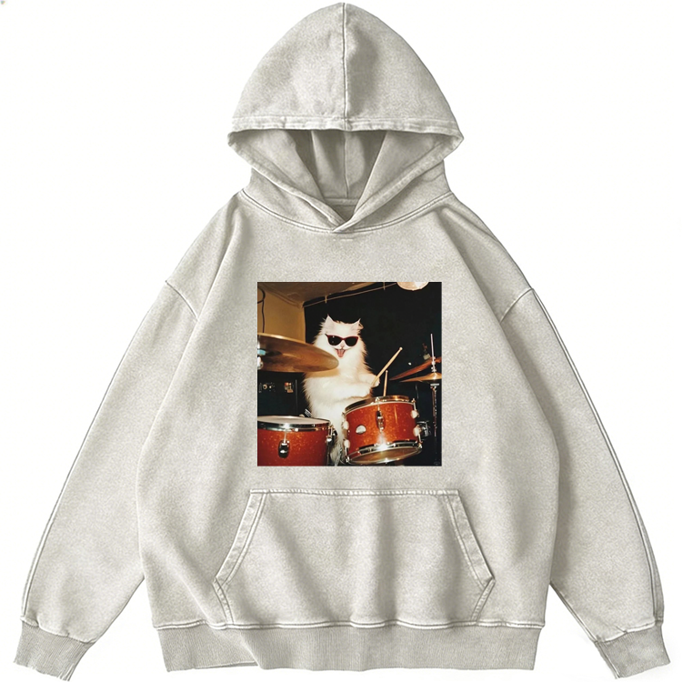 Rock And Roll Cat Drummer Meme Retro Washed Hoodide