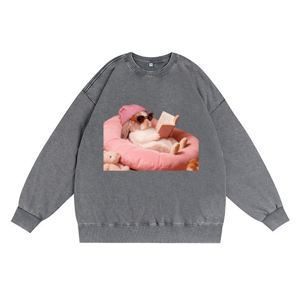 Bunny Bookish Rabbit Retro Premium Washed Cotton Crewneck Sweatshirt