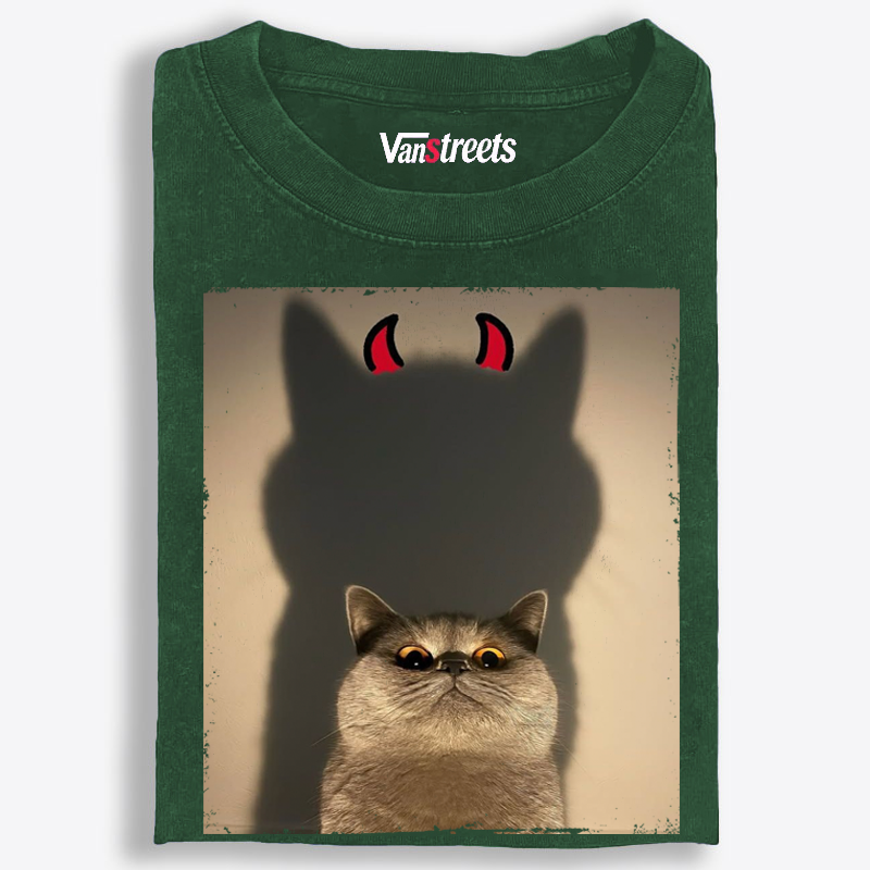 Demon Shadow Cat Meme Retro Washed T-Shirt | 100% Cotton | Streetwear Essential
