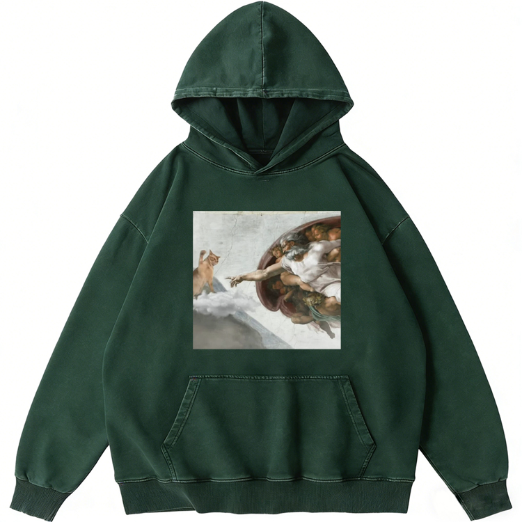Cat Parody of "The Creation of Adam" Art Retro Washed Hoodie