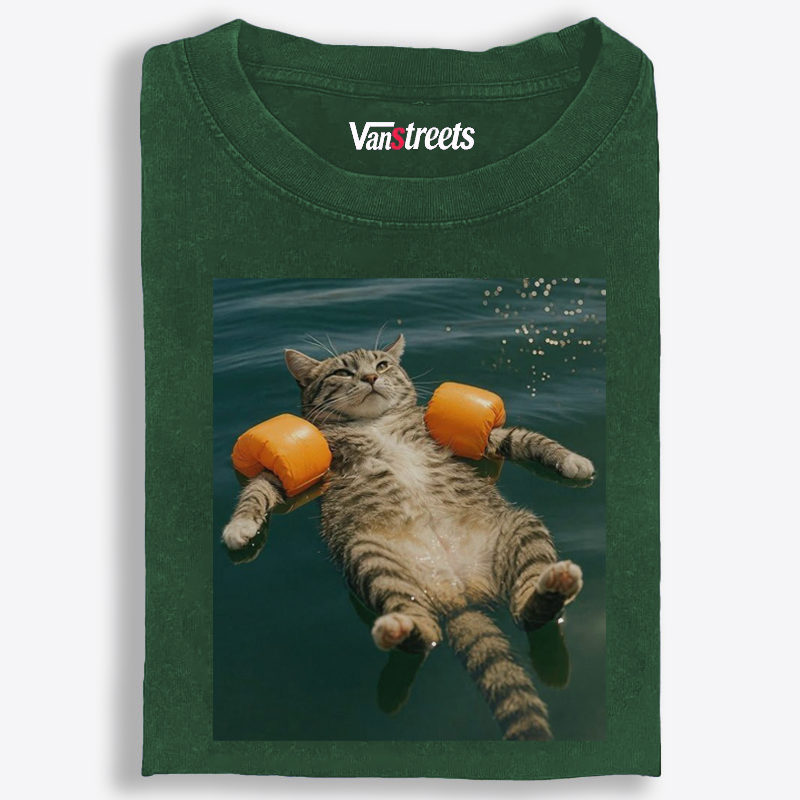 Tabby Cat With Arm Floaties Swimming Meme Retro Washed T-Shirt | 100% Cotton | Streetwear Essential