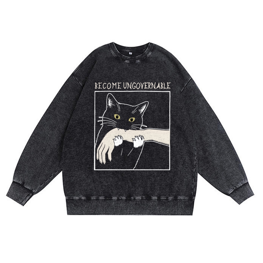 Become Ungovernable Cat Retro Premium Washed Cotton Crewneck Sweatshirt