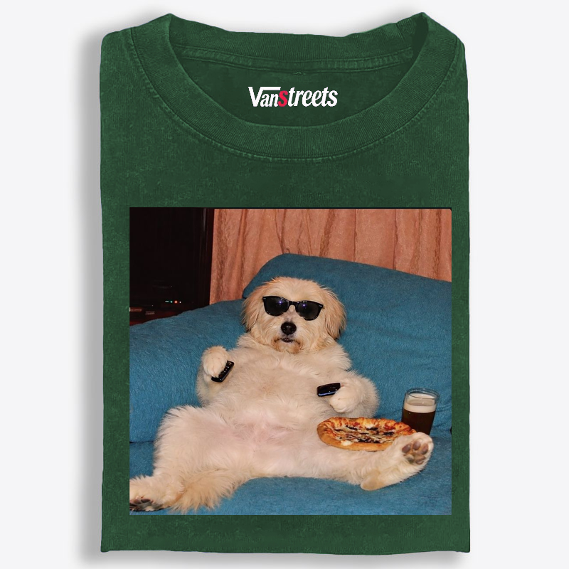 Chill Dog With Pizza Beer Remote Control Meme Retro Washed T-Shirt | 100% Cotton | Streetwear Essential