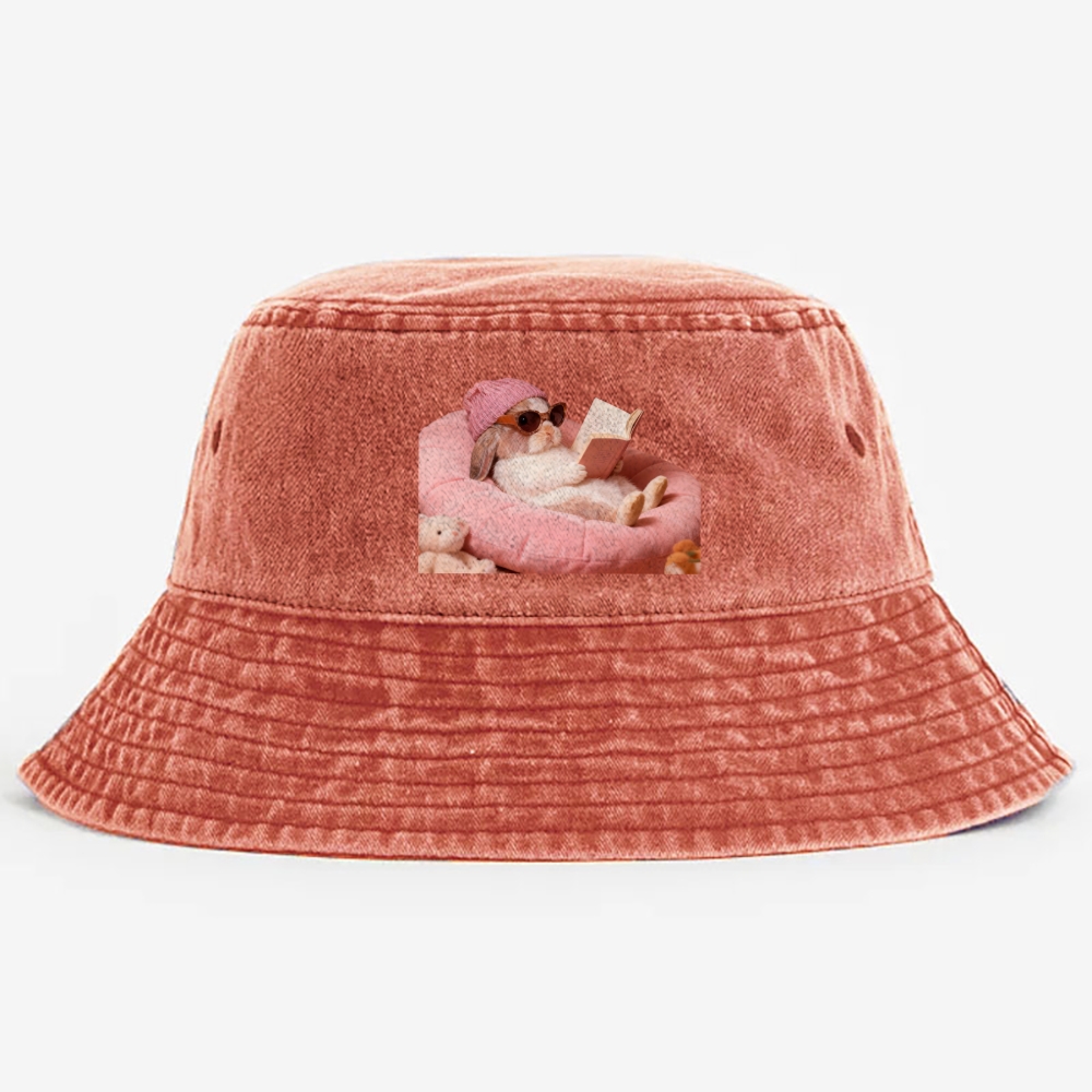 Bunny Bookish Rabbit Retro Vintage Washed Bucket Hat