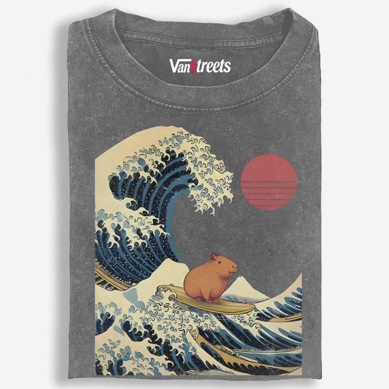 Capybara Surfing Ukiyo-e Retro Washed T-Shirt | 100% Cotton | Streetwear Essential