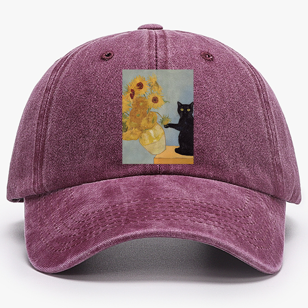 Playful Cat Meets Van Gogh Sunflowers Retro Washed Baseball Cap