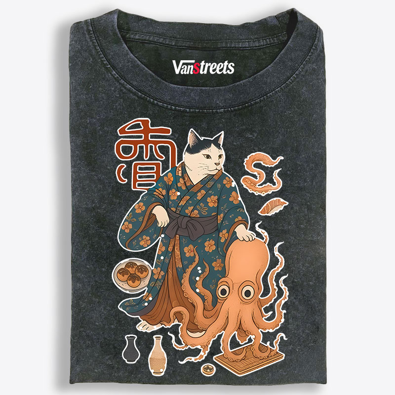 Cat & Octopus Ukiyo-e Retro Washed T-Shirt | 100% Cotton | Streetwear Essential