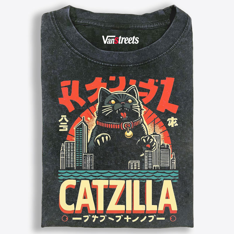 Japanese Style Catzilla Retro Washed T-Shirt | 100% Cotton | Streetwear Essential