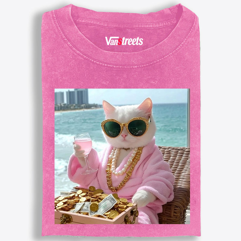 Rich Cat Millionaire Beach Lifestyle Retro Washed T-Shirt | 100% Cotton | Streetwear Essential