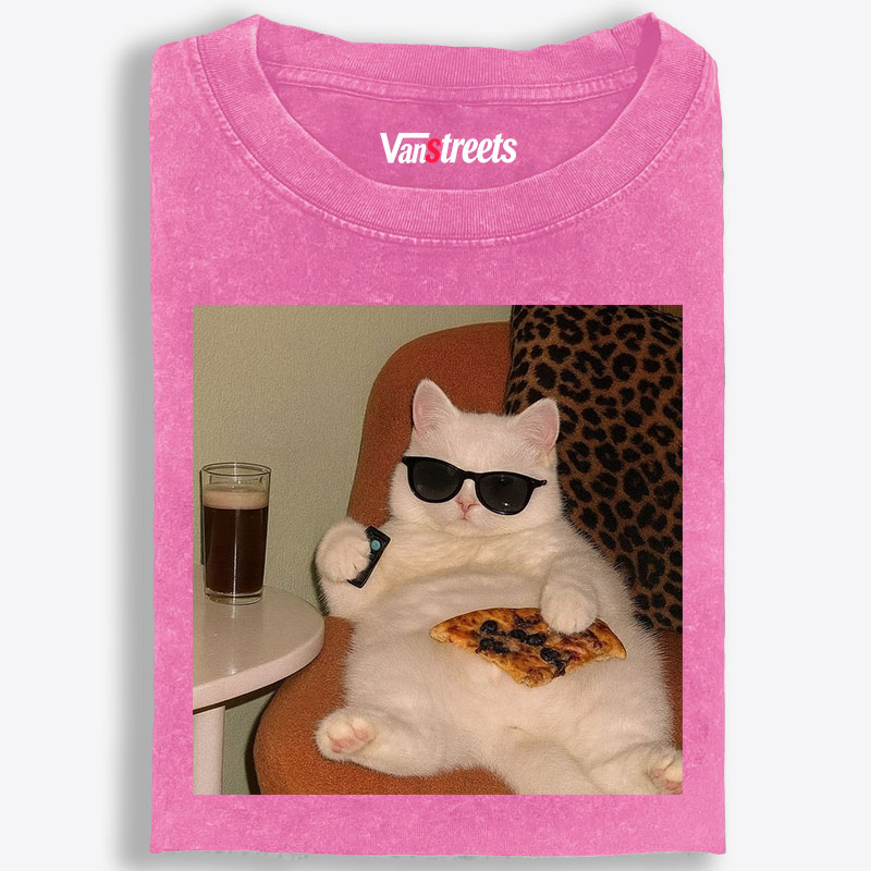 Lazy Cat Pizza & Beer Couch Potato Retro Washed T-Shirt | 100% Cotton | Streetwear Essential