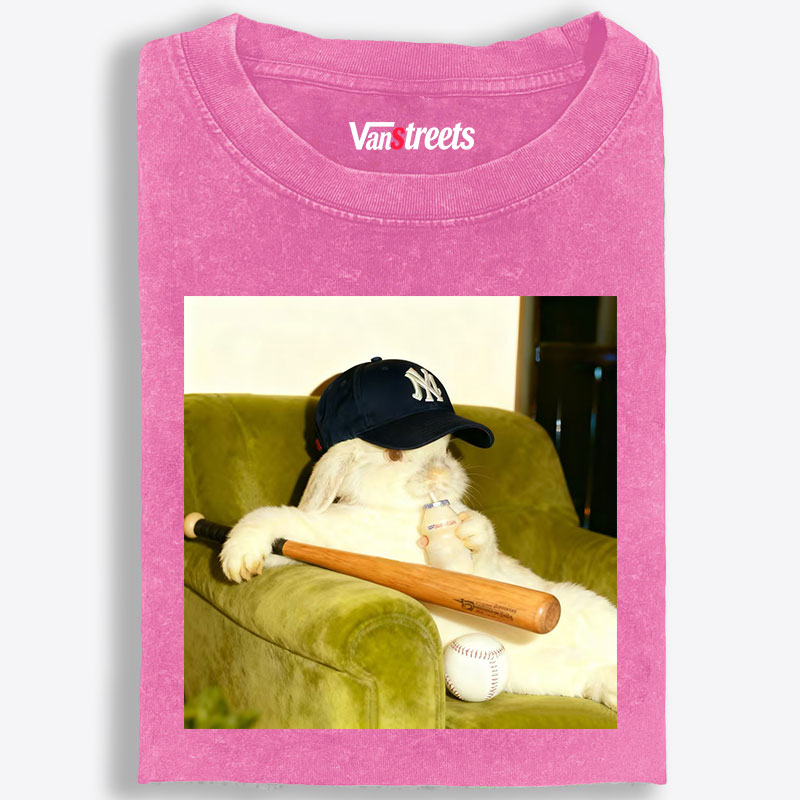 Baseball Rabbit With Bat NY Yankees Retro Washed T-Shirt | 100% Cotton | Streetwear Essential