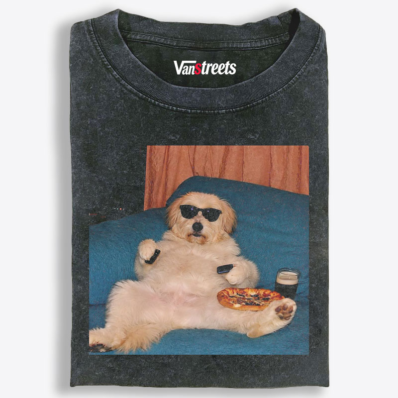 Chill Dog With Pizza Beer Remote Control Meme Retro Washed T-Shirt | 100% Cotton | Streetwear Essential