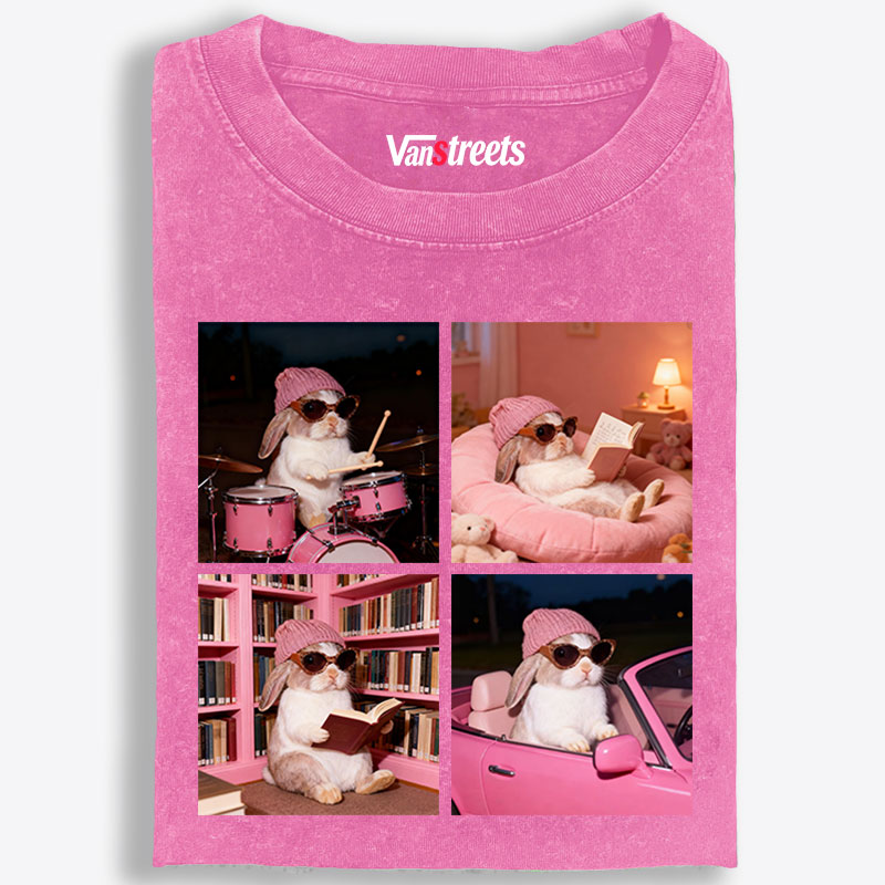 Cool Bunny 4-Panel Life Meme Retro Washed T-Shirt | 100% Cotton | Streetwear Essential