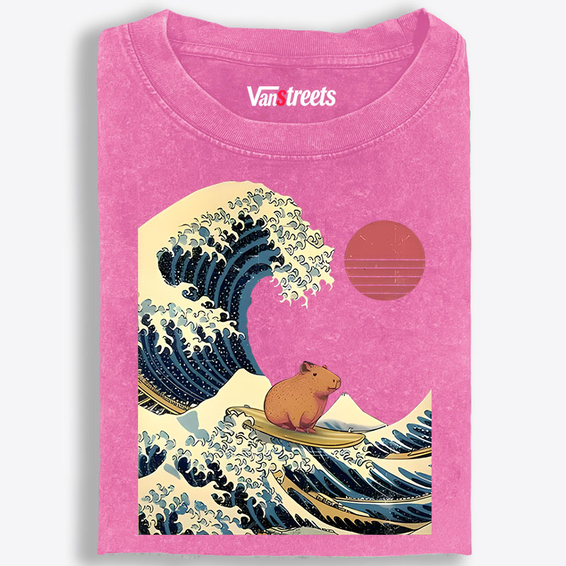 Capybara Surfing Ukiyo-e Retro Washed T-Shirt | 100% Cotton | Streetwear Essential
