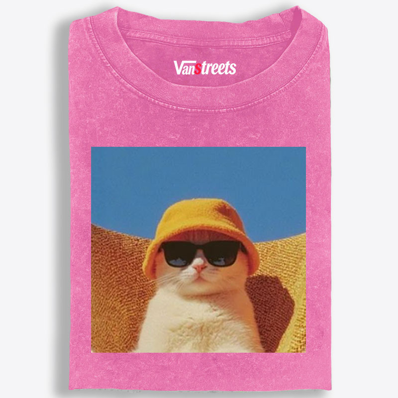 Cool Cat In Yellow Bucket Hat Streetwear Retro Washed T-Shirt | 100% Cotton | Streetwear Essential