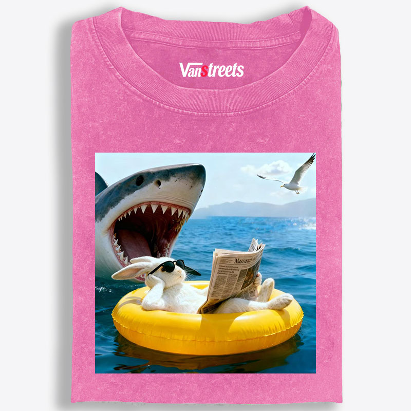 Bunny Reading Newspaper With Shark Retro Washed T-Shirt | 100% Cotton | Streetwear Essential