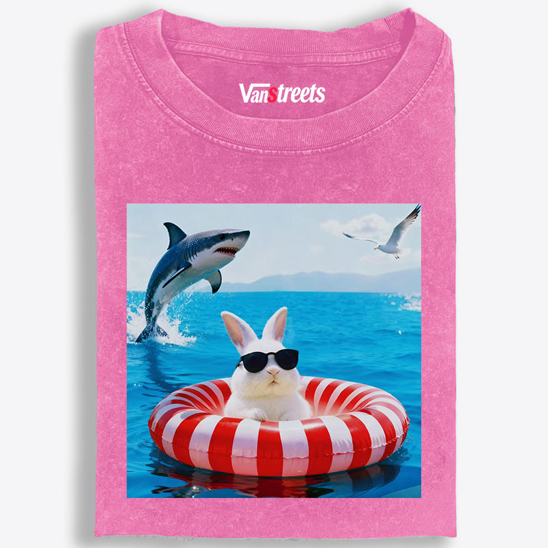 Bunny In Pool Float With Jumping Shark Retro Washed T-Shirt | 100% Cotton | Streetwear Essential