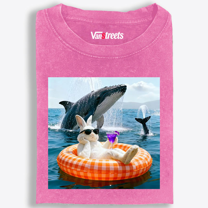 Bunny Drinking Cocktail With Whale Retro Washed T-Shirt | 100% Cotton | Streetwear Essential