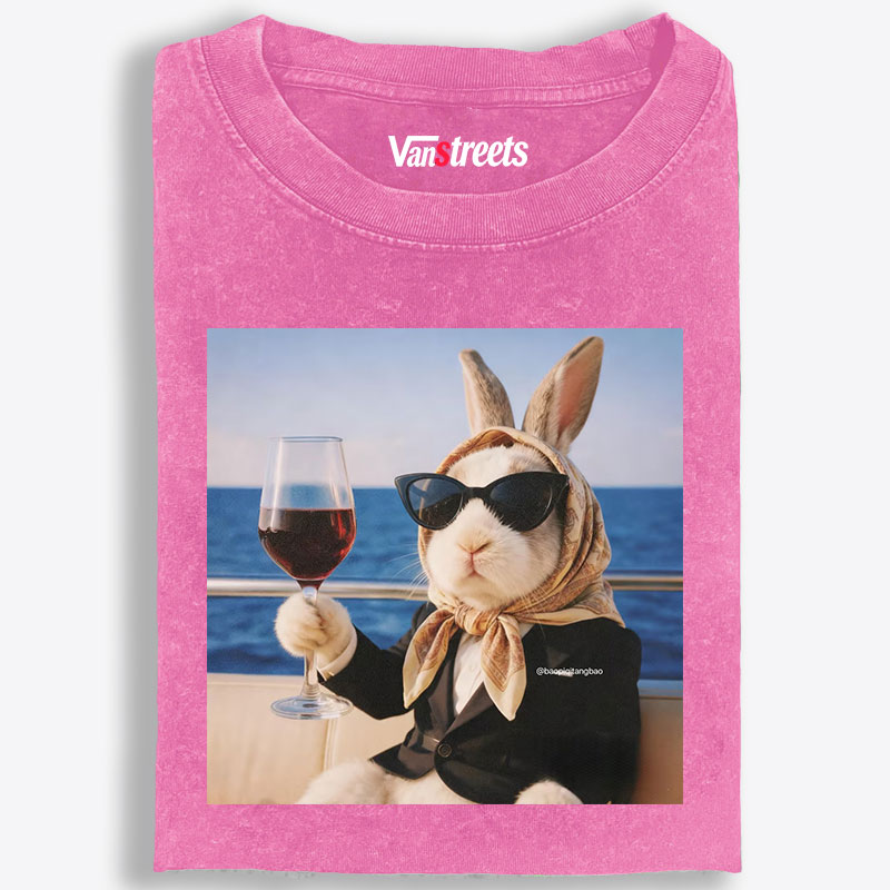 Rich Bunny Drinking Wine On Yacht Retro Washed T-Shirt | 100% Cotton | Streetwear Essential