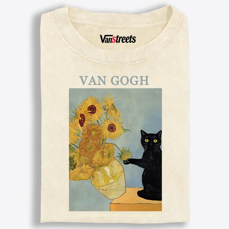Playful Cat Meets Van Gogh Sunflowers Retro Washed T-Shirt | 100% Cotton | Streetwear Essential