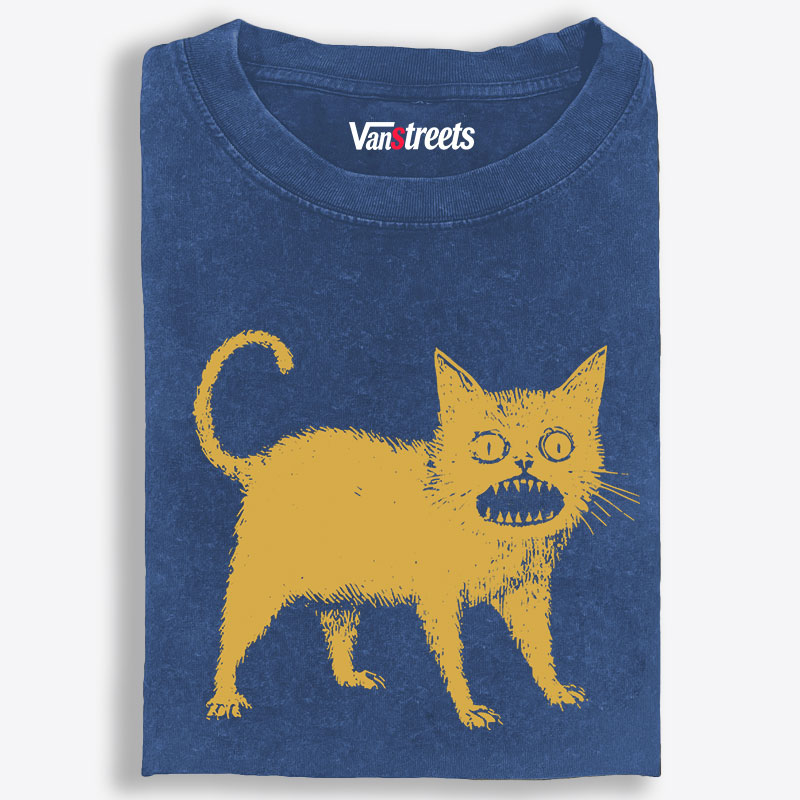 Creepy Yellow Cat Retro Washed T-Shirt | 100% Cotton | Streetwear Essential