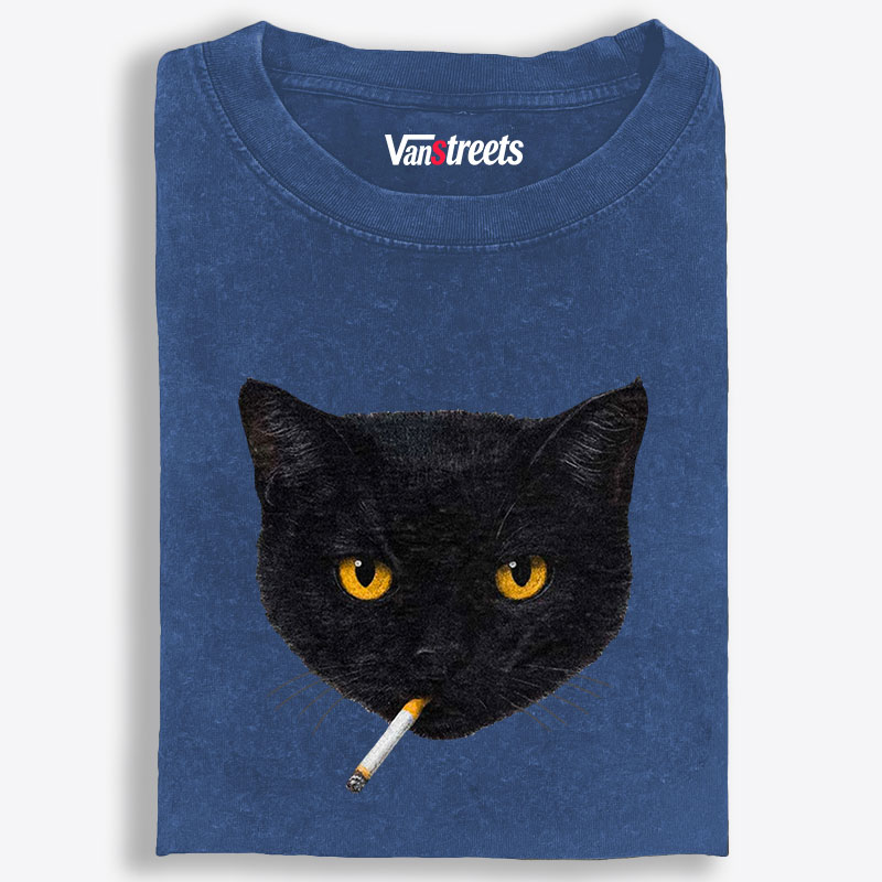 Smoking Black Cat Retro Washed T-Shirt | 100% Cotton | Streetwear Essential