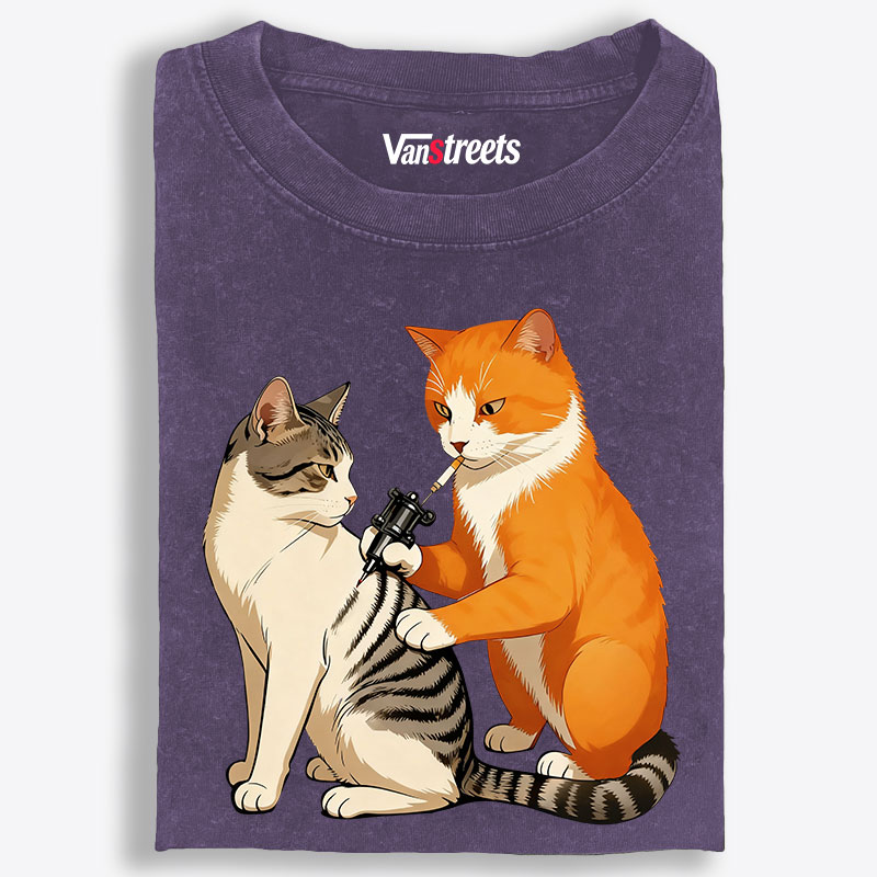 Tattoo Artist Orange Cat Retro Washed T-Shirt | 100% Cotton | Streetwear Essential