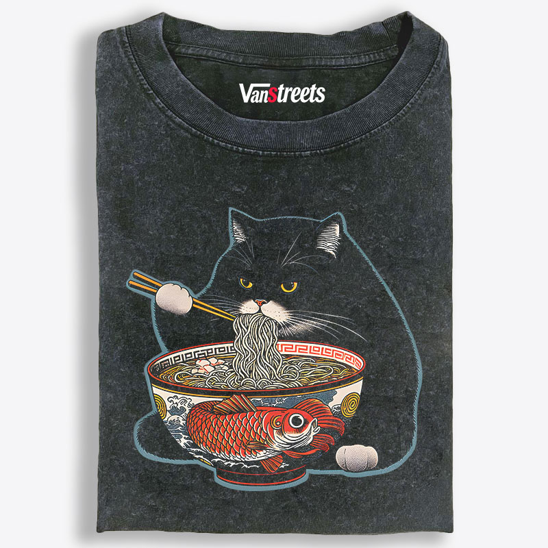 Black Cat Ramen with Koi Fish Retro Washed T-Shirt | 100% Cotton | Streetwear Essential