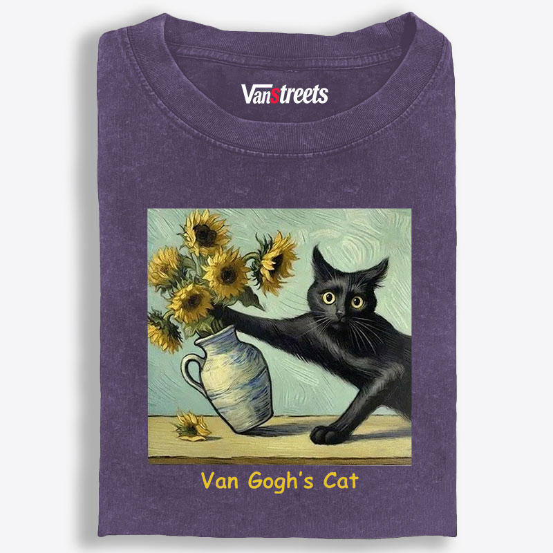 Van Gogh's Cat with Sunflowers Retro Washed T-Shirt | 100% Cotton | Streetwear Essential