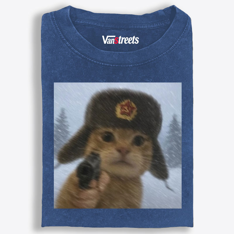 Soviet Ushanka Cat Retro Washed T-Shirt | 100% Cotton | Streetwear Essential