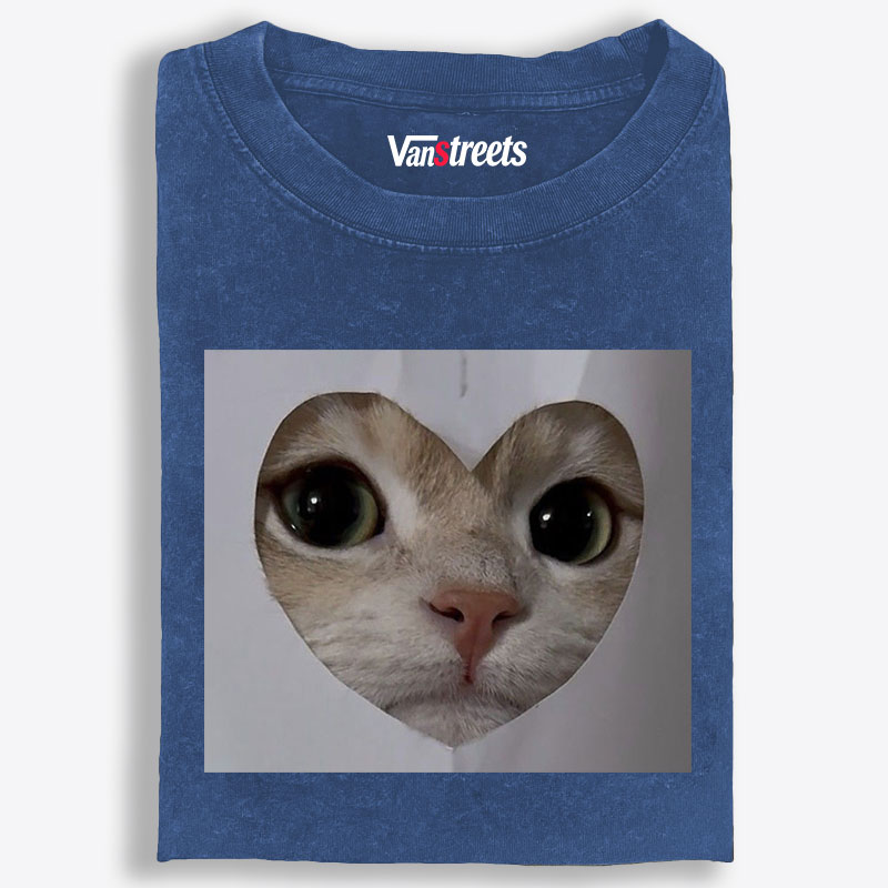 Heart Cutout Cat Face Retro Washed T-Shirt | 100% Cotton | Streetwear Essential