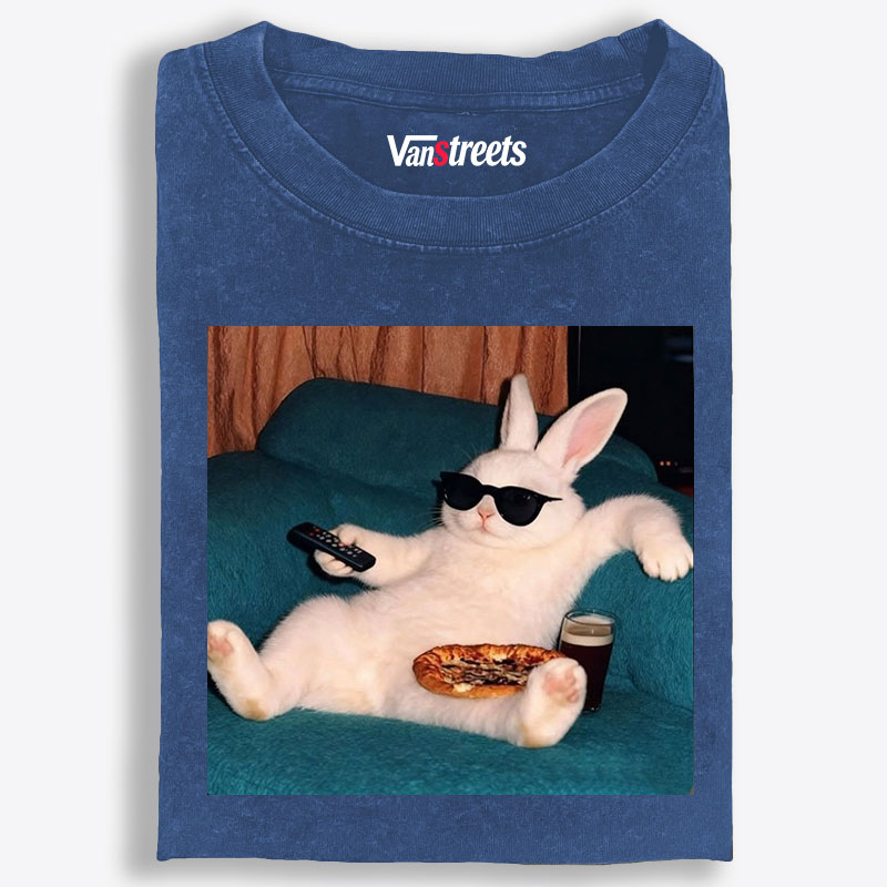 Couch Potato Bunny Retro Washed T-Shirt | 100% Cotton | Streetwear Essential