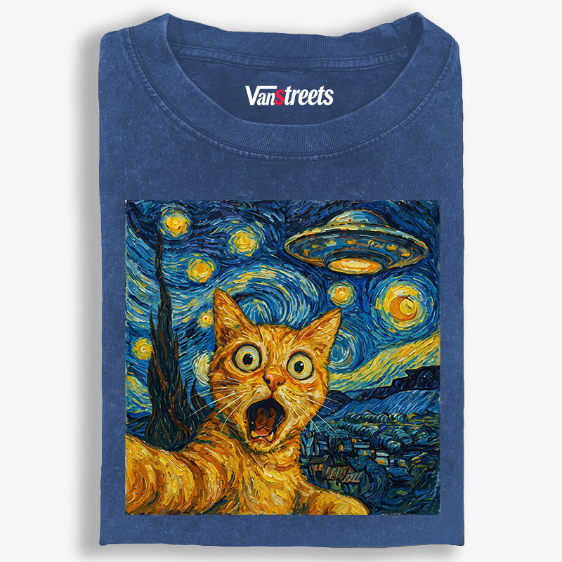 Cat in Starry Night with UFO Meme Cat in Starry Night with UFO Meme Retro Washed T-Shirt | 100% Cotton | Streetwear Essential