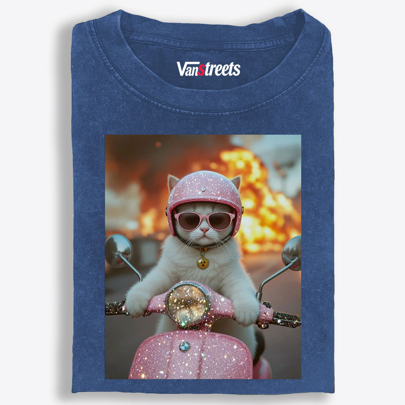 Pink Scooter Cat & Explosion Meme Retro Washed T-Shirt | 100% Cotton | Streetwear Essential
