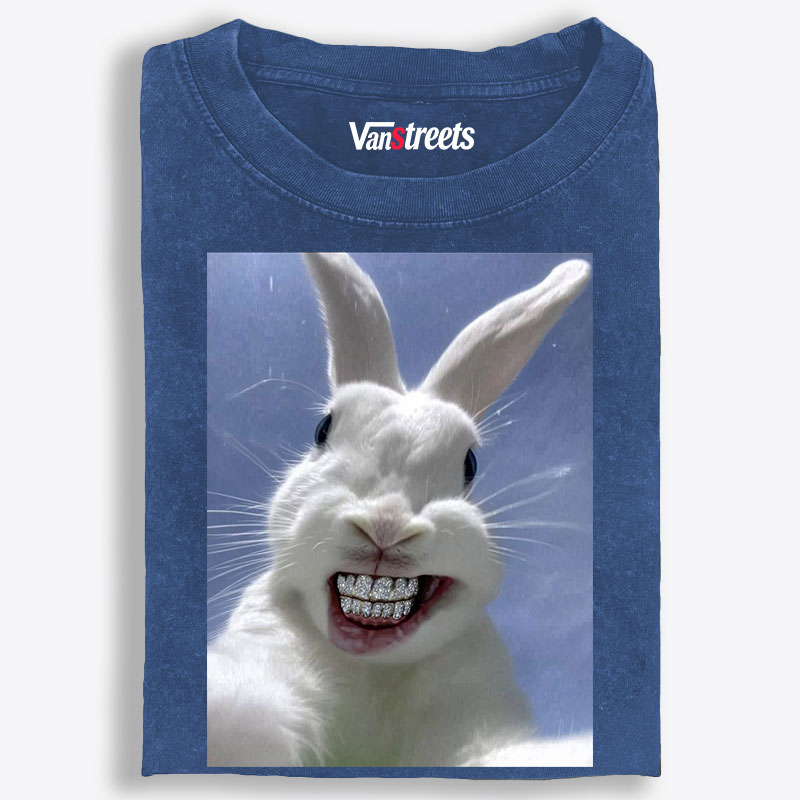 Diamond Teeth Rabbit Retro Washed T-Shirt | 100% Cotton | Streetwear Essential